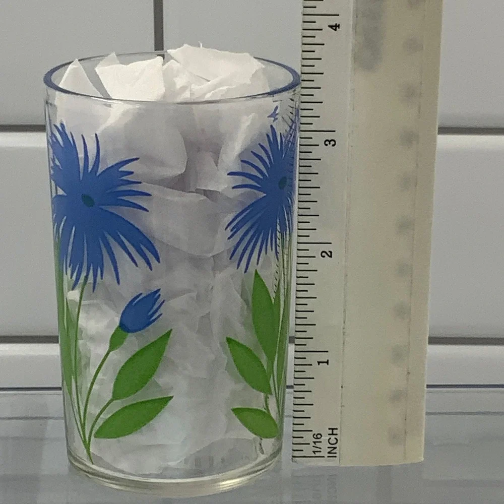Vintage Blue Cornflower Floral Juice Glass Clear 4 Inch